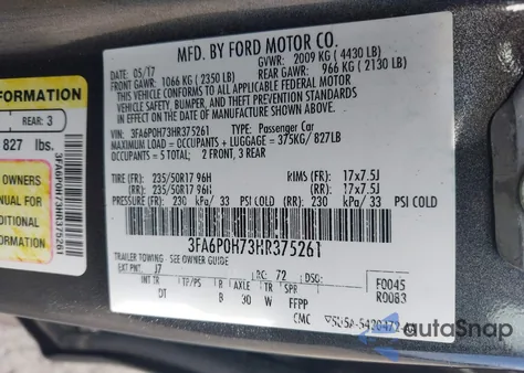 2017 Ford Fusion Se from USA, damaged, VIN 3FA6P0H73HR375261